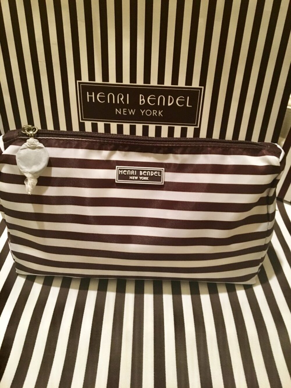 Brand New! Large HENRI BENDEL Nylon Cosmetic Case Bag with Centennial Stripes